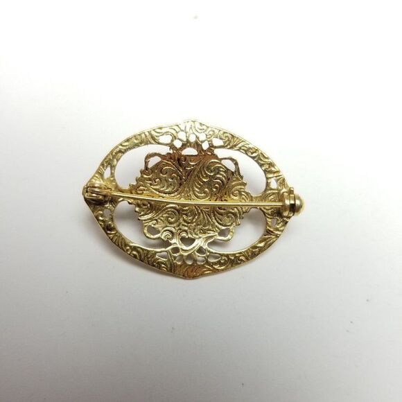 Vintage Gold Tone Filigree Brooch with Blue Rose Center, Cabochon, Retro Estate - Picture 3 of 6